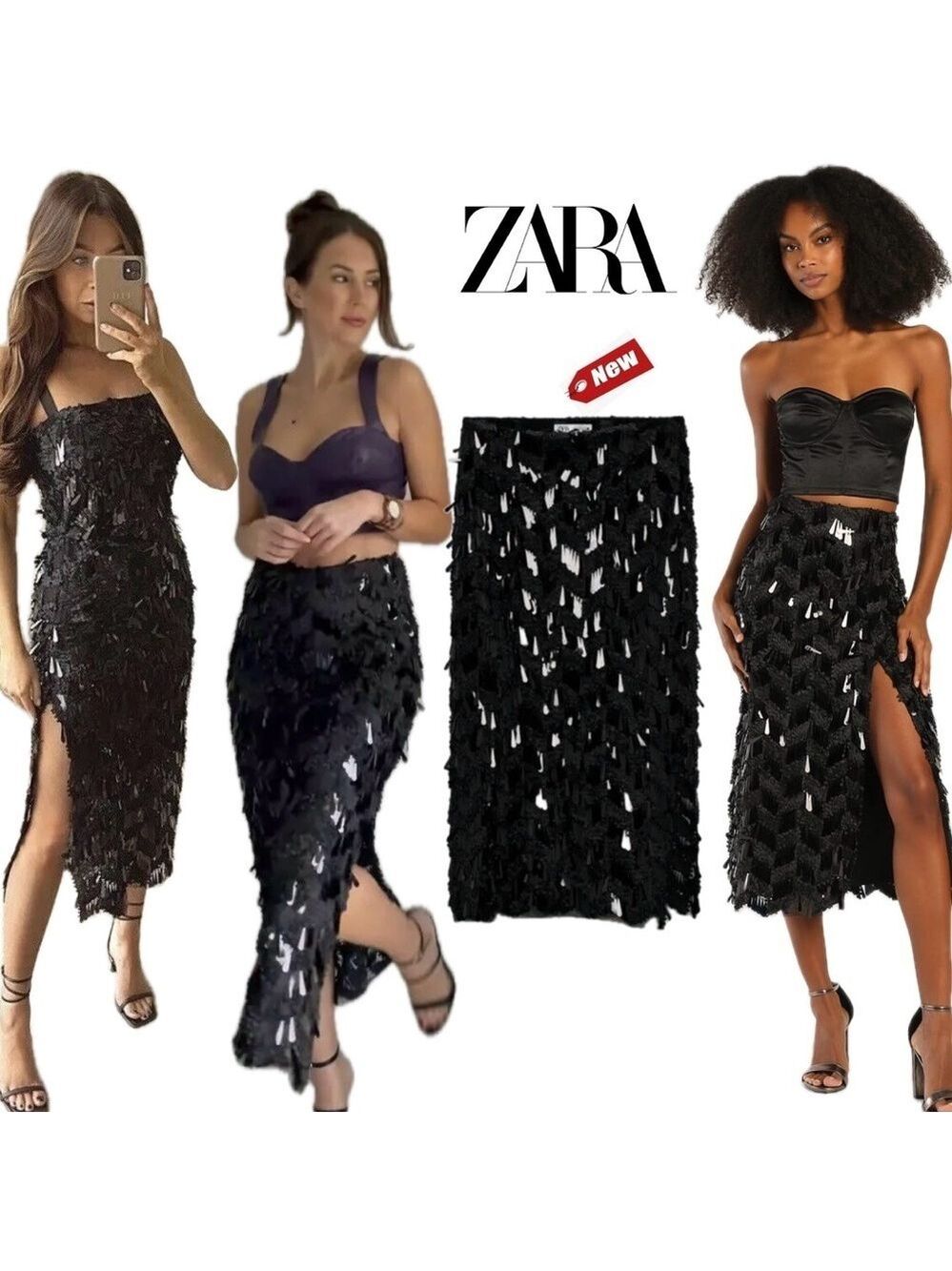Zara Sequin Appliqué high waisted party Midi Skirt Black Sz XS NWT blogger fave